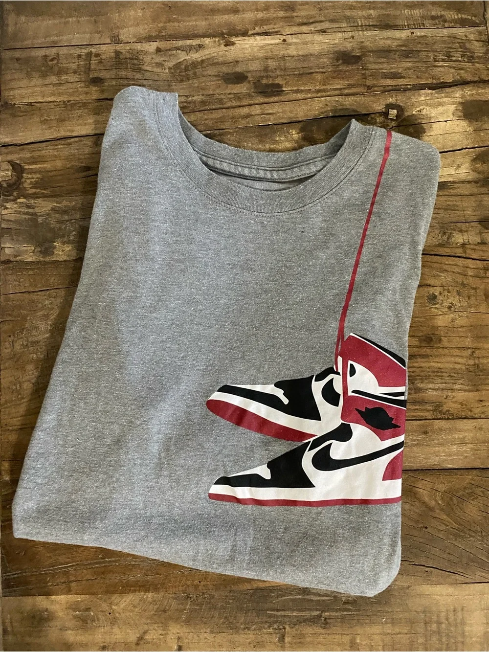 Jordan Men’s Gray Tee with Red & Black Nike Sneaker Print